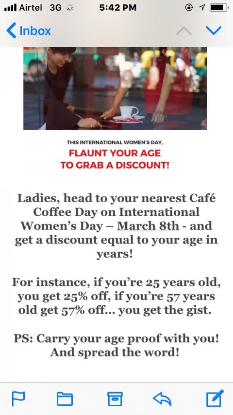 Cafe Coffee Day Discount on Womens Day